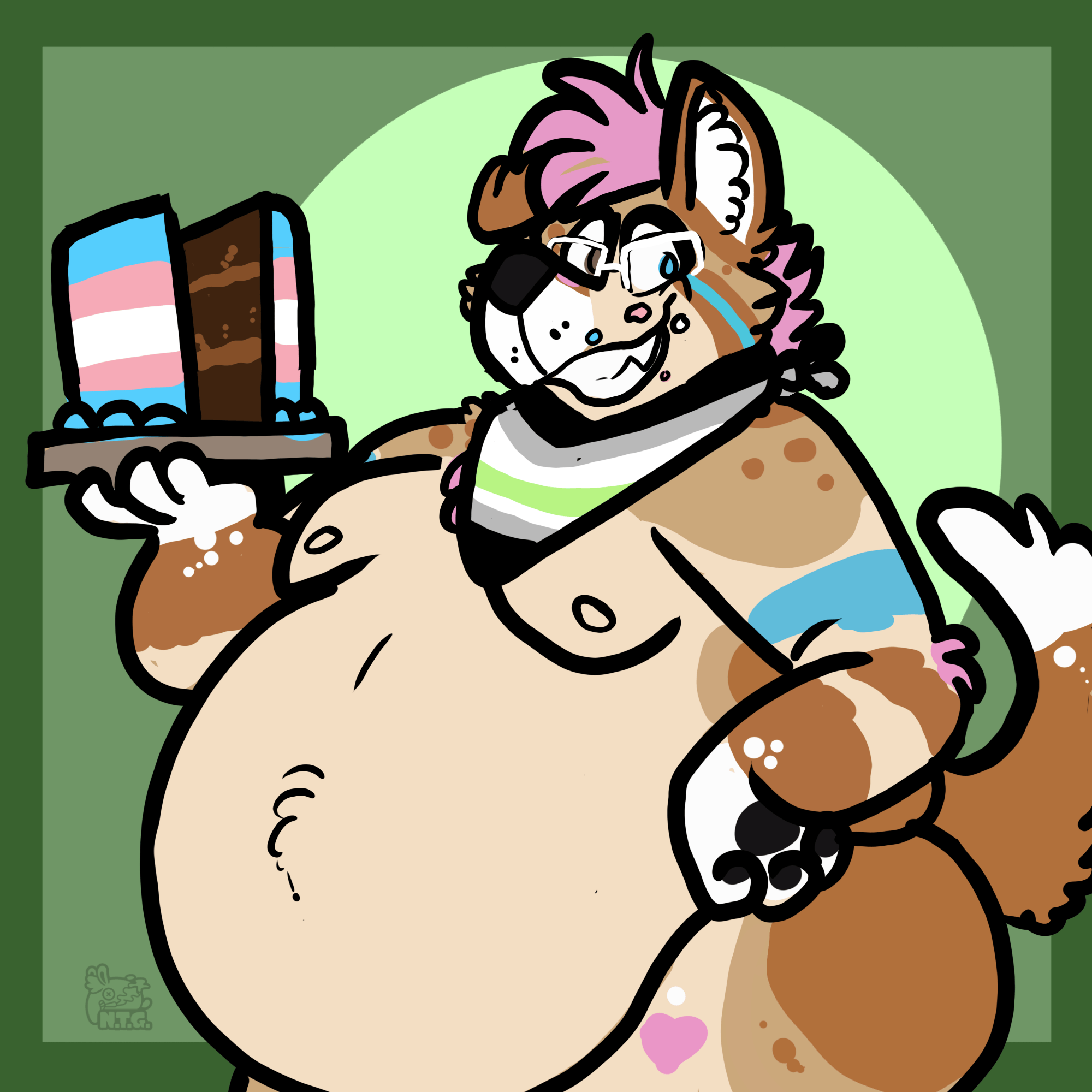 A draing of a fat Bowie holding a cake with a slice cut out and trans pride frosting, while wearing an agender pride bandana