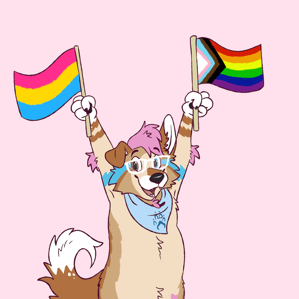 A half body shot of Bowie smiling and holding a Pansexual Pride flag and a Progress Pride flag by Reaux