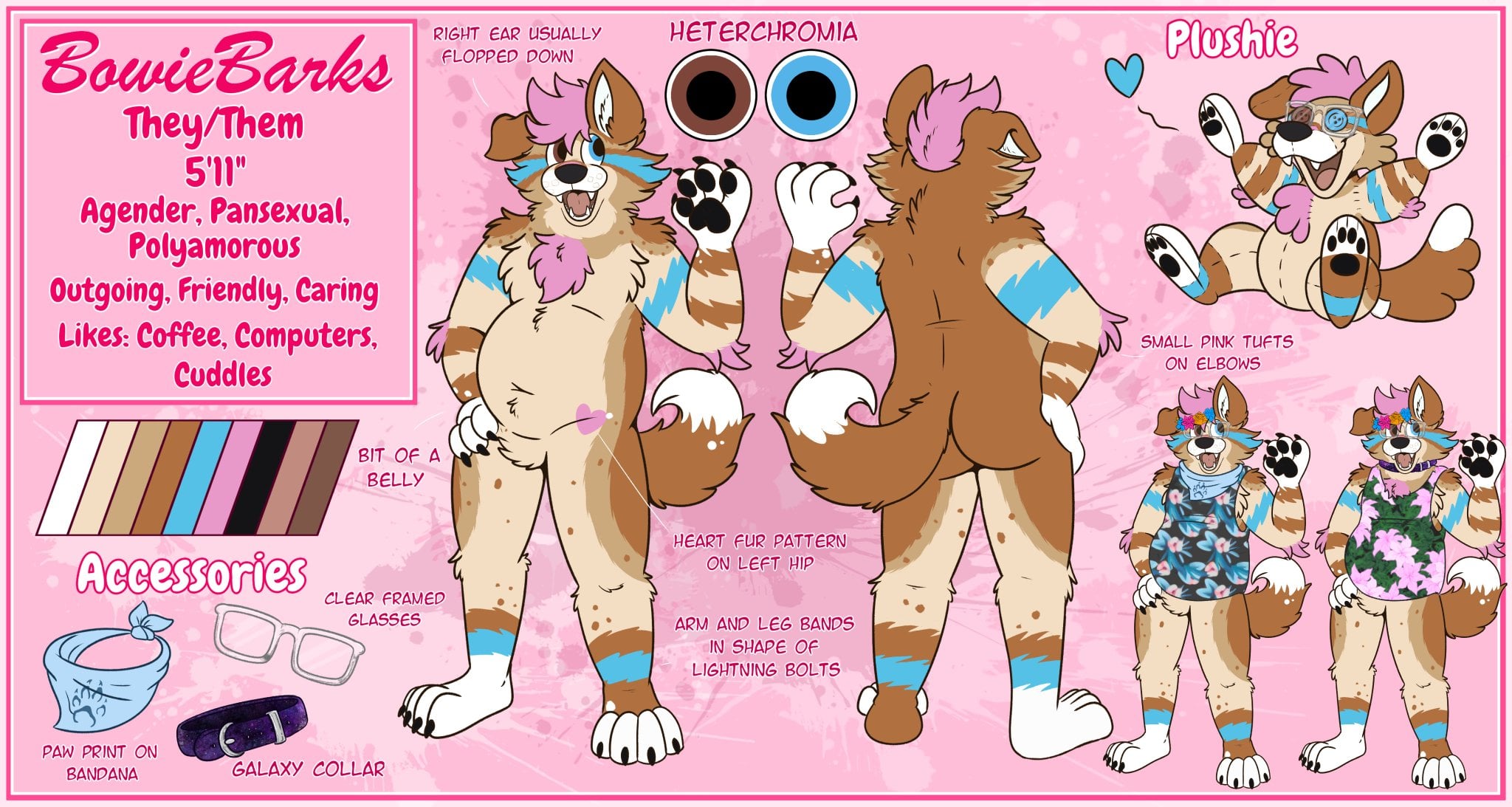 A ref sheet of Bowie showing front and back, two alts with flower tank tops on, and a Plush Bowie by Ron Raccoon
