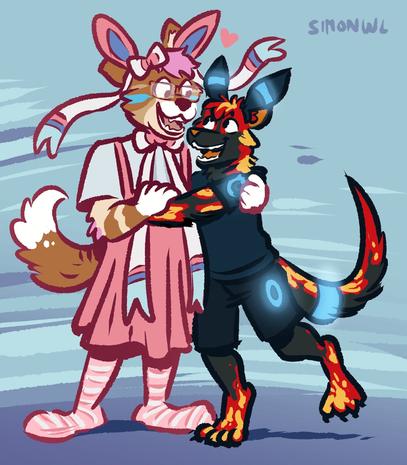 Halloween drawing of Bowie dressed as a Sylveon and LuciFur dressed as an Umbreon