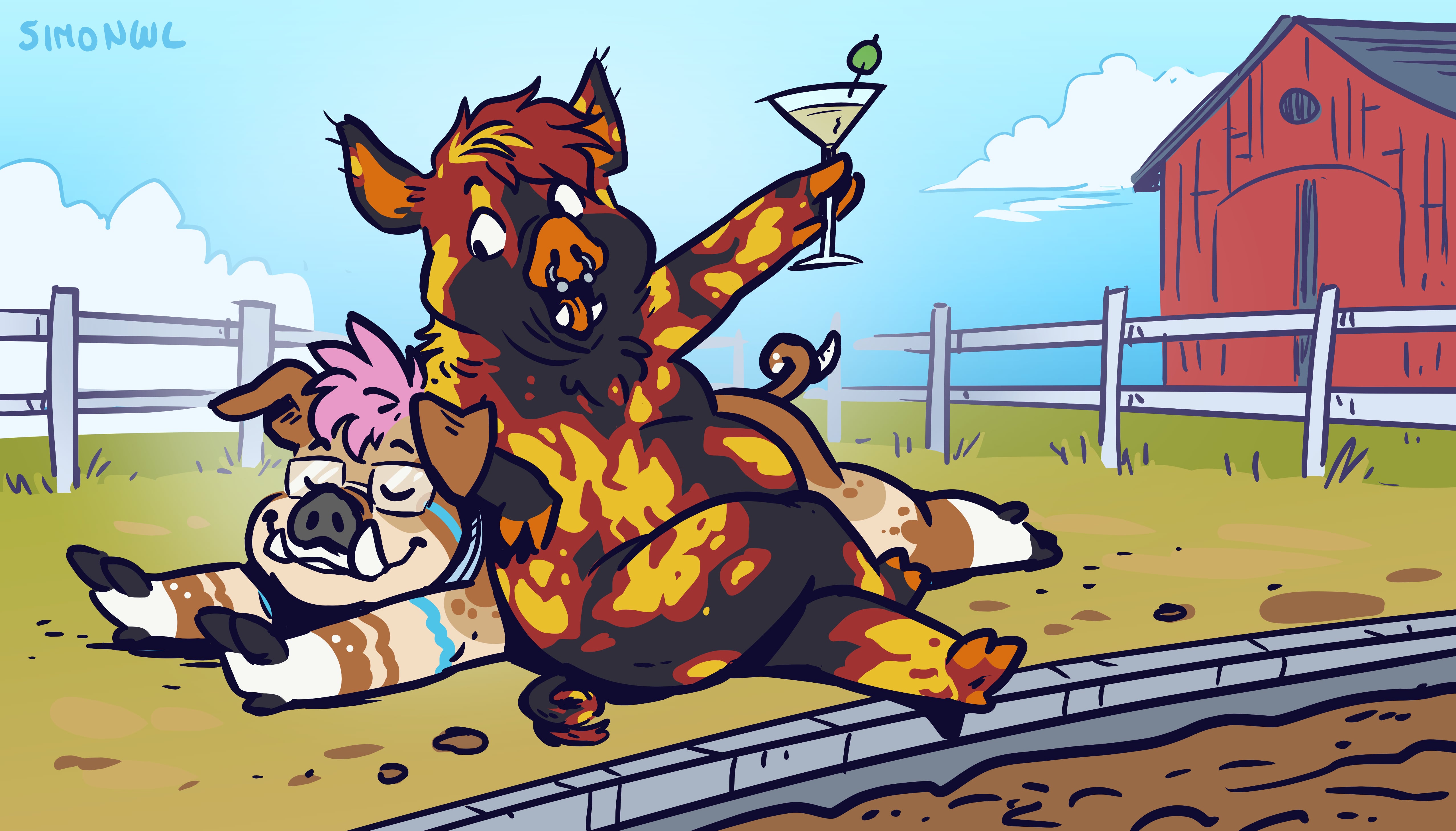 Bowie and LuciFur as hogs for Hogust, lounging by a pool of mud with a barn in the background