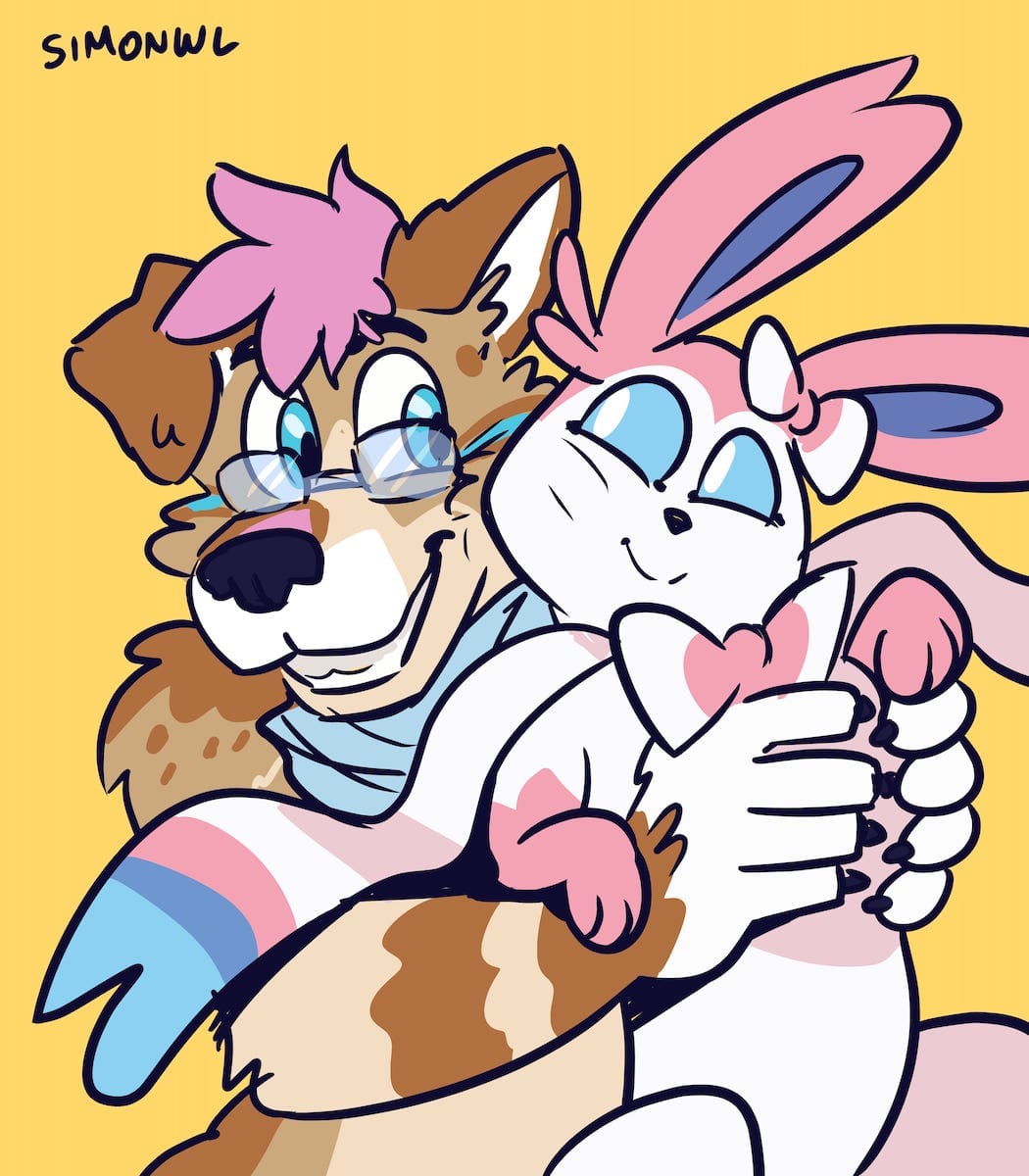 A drawing of Bowie smiling and holding up a smiling Sylveon by Simon WL