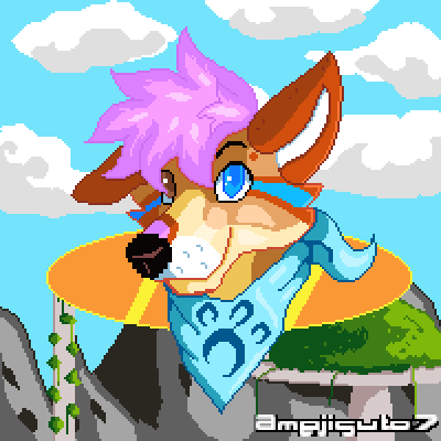 A bust of Bowie on a cloud background in a pixel style