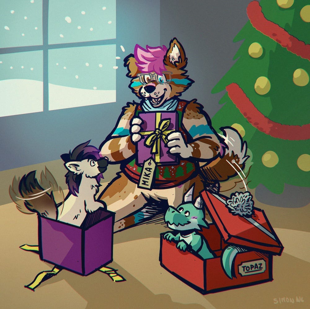 a drawing of Bowie in a holiday sweater excitedly opening two gift boxes, one labeled Mika with a stoat in it, and another labeled Topaz with a kobold in it, both looking up and smiling