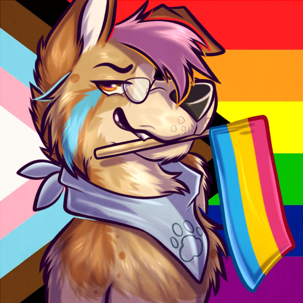 Pride icon of Bowie's head and chest, smirking while holding a pansexual pride flag in their mouth over a progress pride flag background by elliot