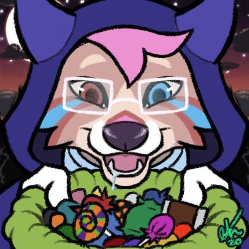 Halloween Treat icon by extinct showing Bowie drooling while looking at candy in a bowl and wearing a Styxx dragon hoodie