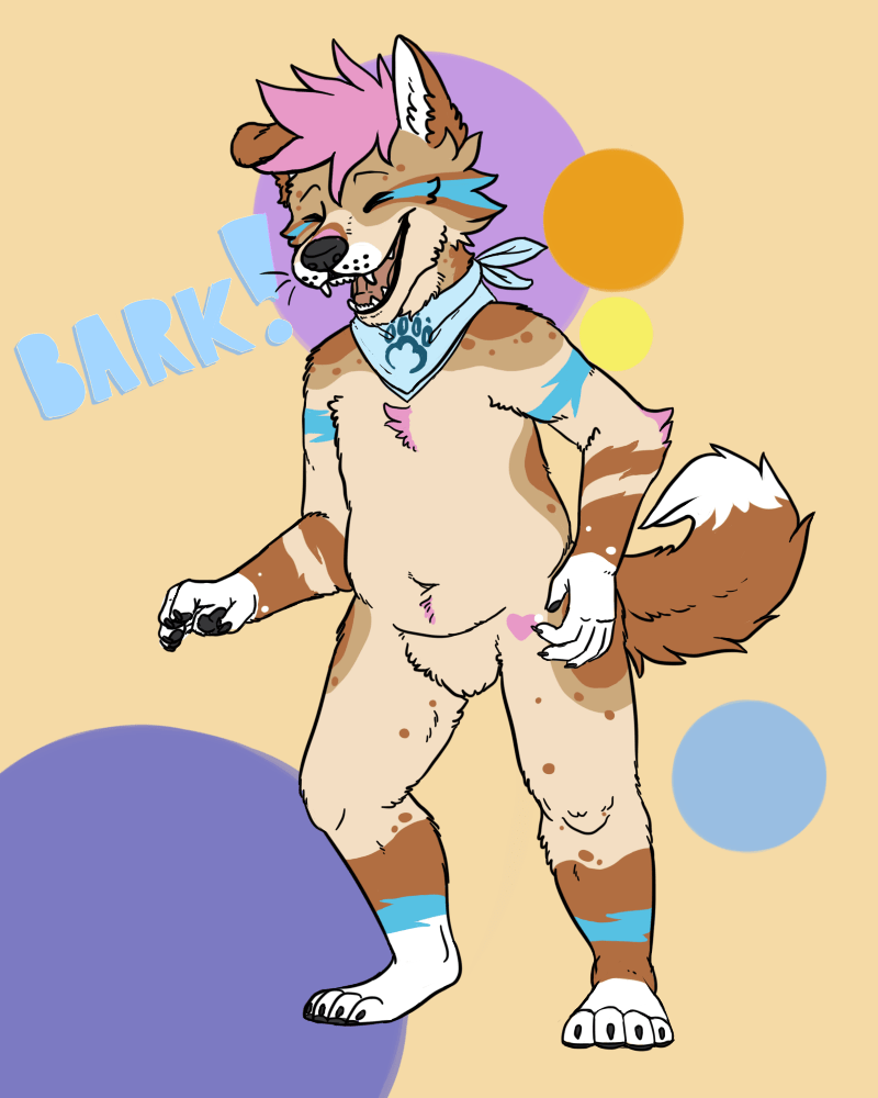 A full body drawing of Bowie smiling with the text 'BARK!' in front of a background with colored circles by Kyle
