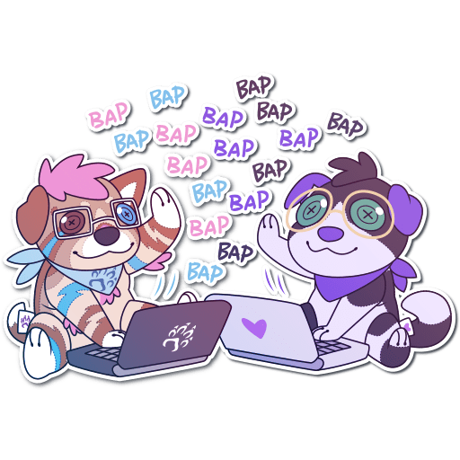 A Telegram sticker of Bowie and Devvy as plush using laptops with lots of Bap text by L James