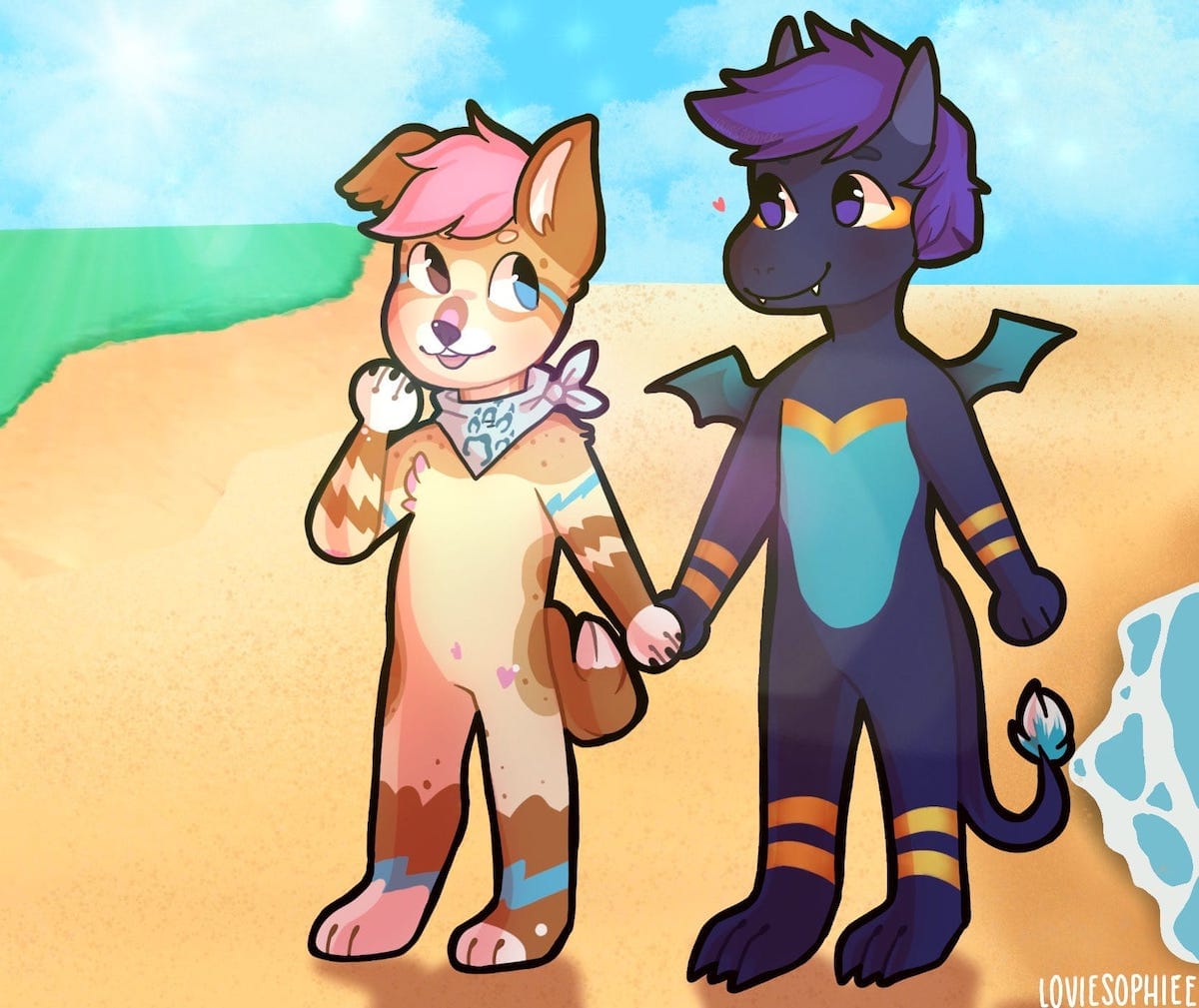 A drawing of Bowie and Styxx on a beach in an Animal Crossing style by Sophie