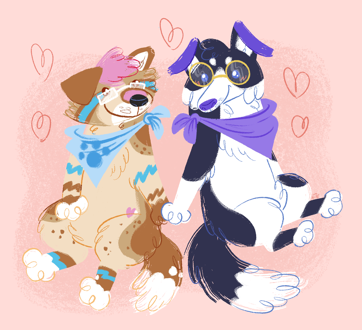 lineless drawing of BowieBarks and Devvy holding hands and looking at each other with hearts in the background