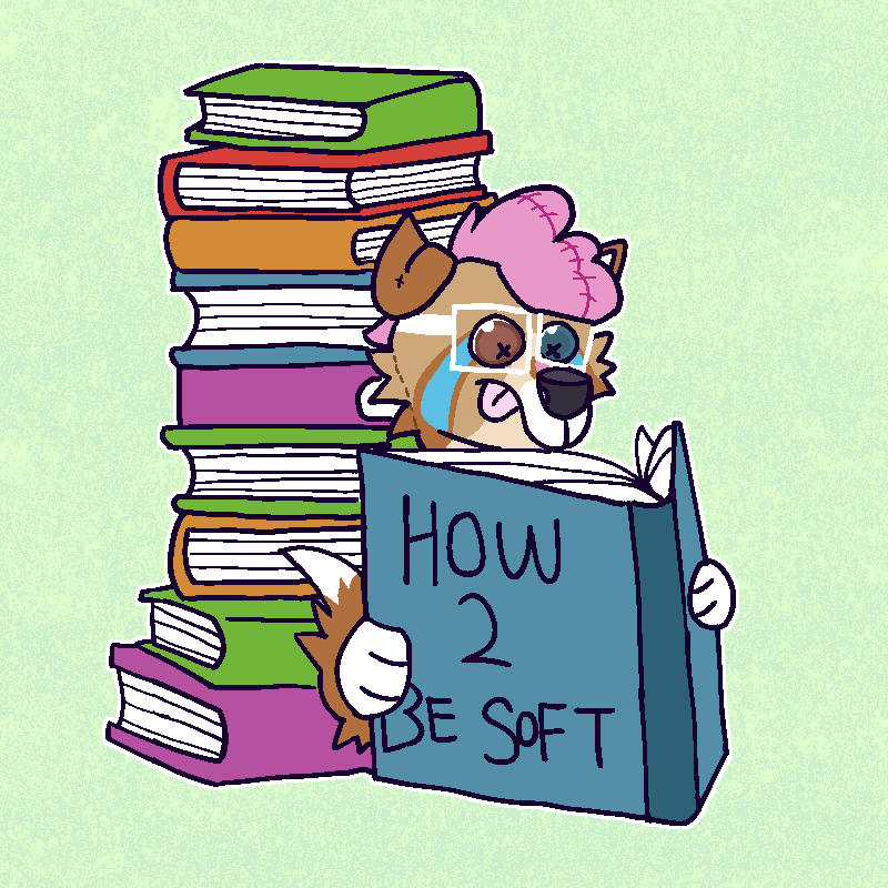 A drawing of Plush Bowie leaning against a stack of books, reading one called 'How 2 Be Soft' by Quasar