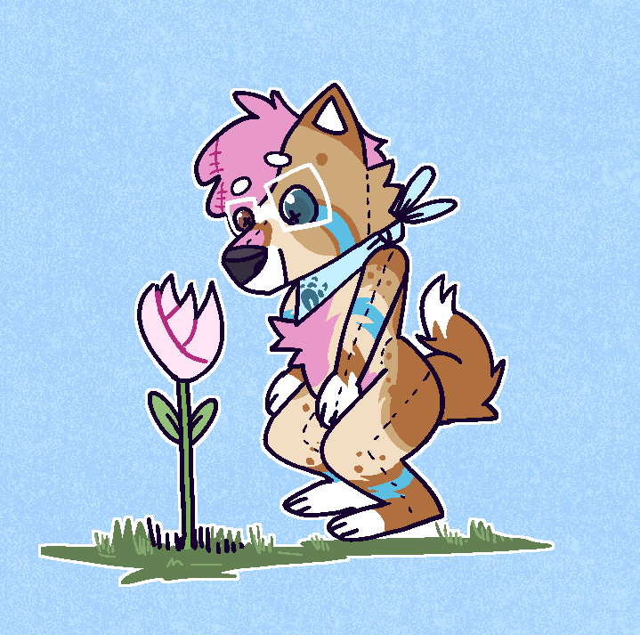 A drawing of Plush Bowie looking at a flower by Quasar