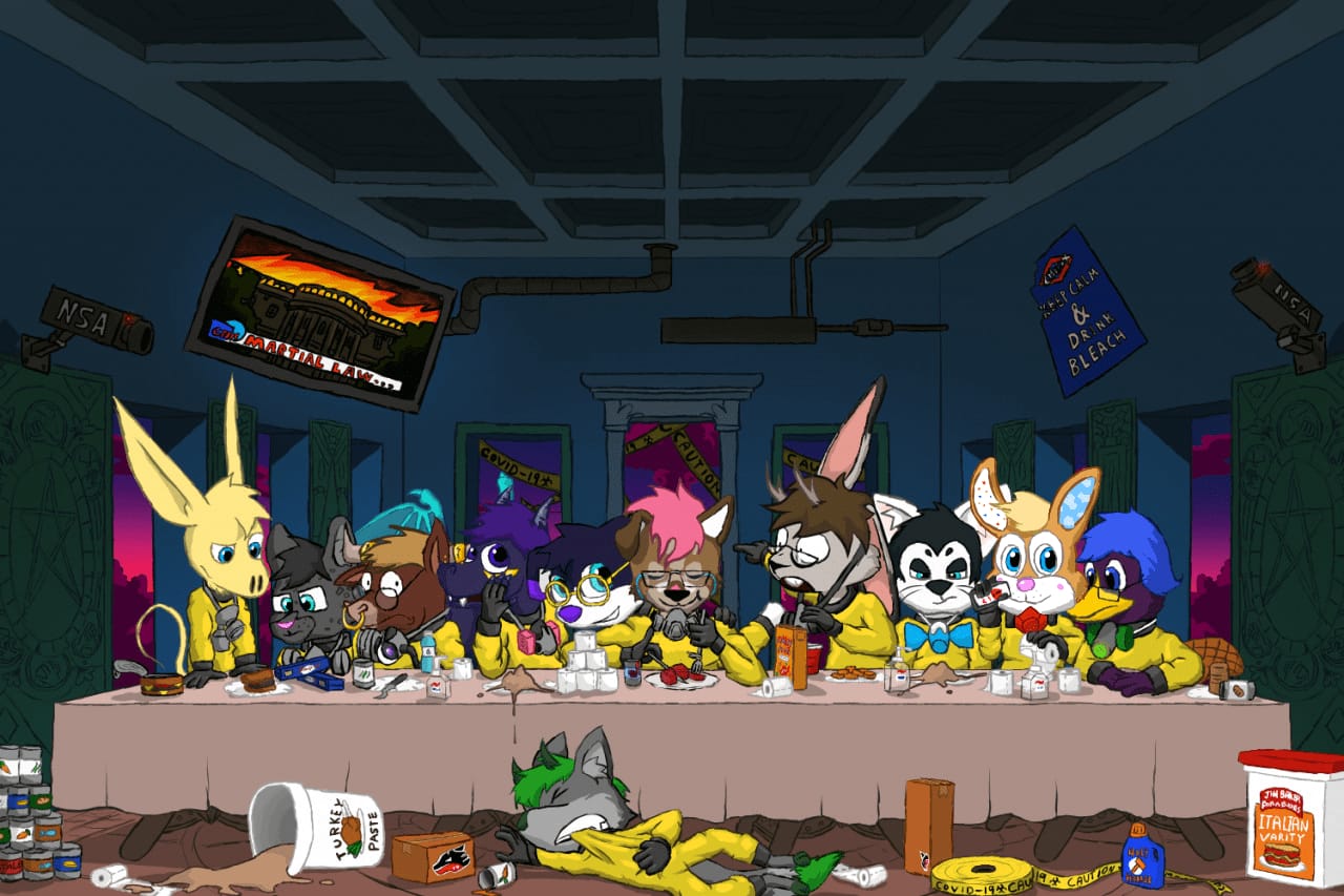 A group picture of Bowie and their friends and partners in a bunker having Thanksgiving dinner in 2020 by Raz