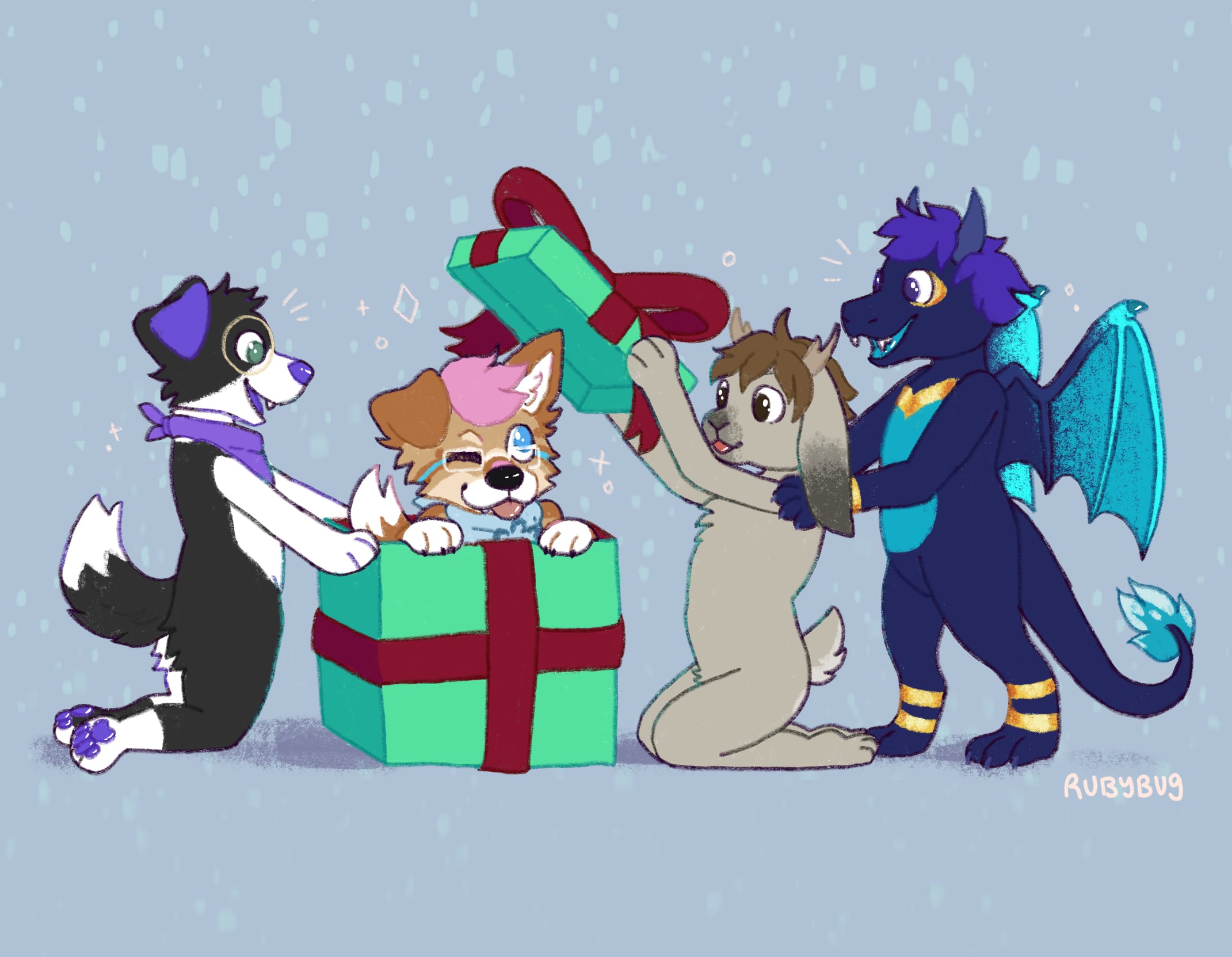 a drawing of Bowie as a puppy in a gift box with Devvy the border collie on the left, Shooshy the jackalope opening the box, and Styxx the dragon behind them. All are smiling!