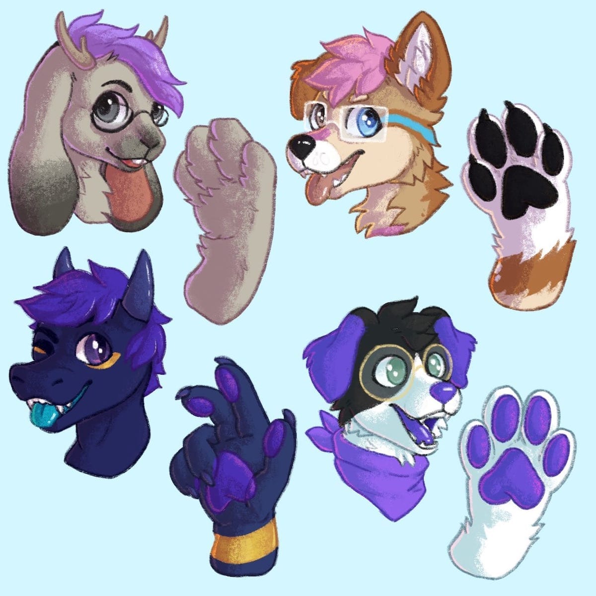 busts and paws of Bowie, Styxx, Shoohsy, and Devvy by Ruby Bug