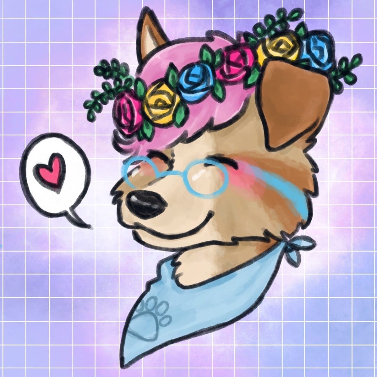 A headshot icon of Bowie with a speech bubble with a heart in it and a flower crown with pan pride colored flowers by felix sunflower
