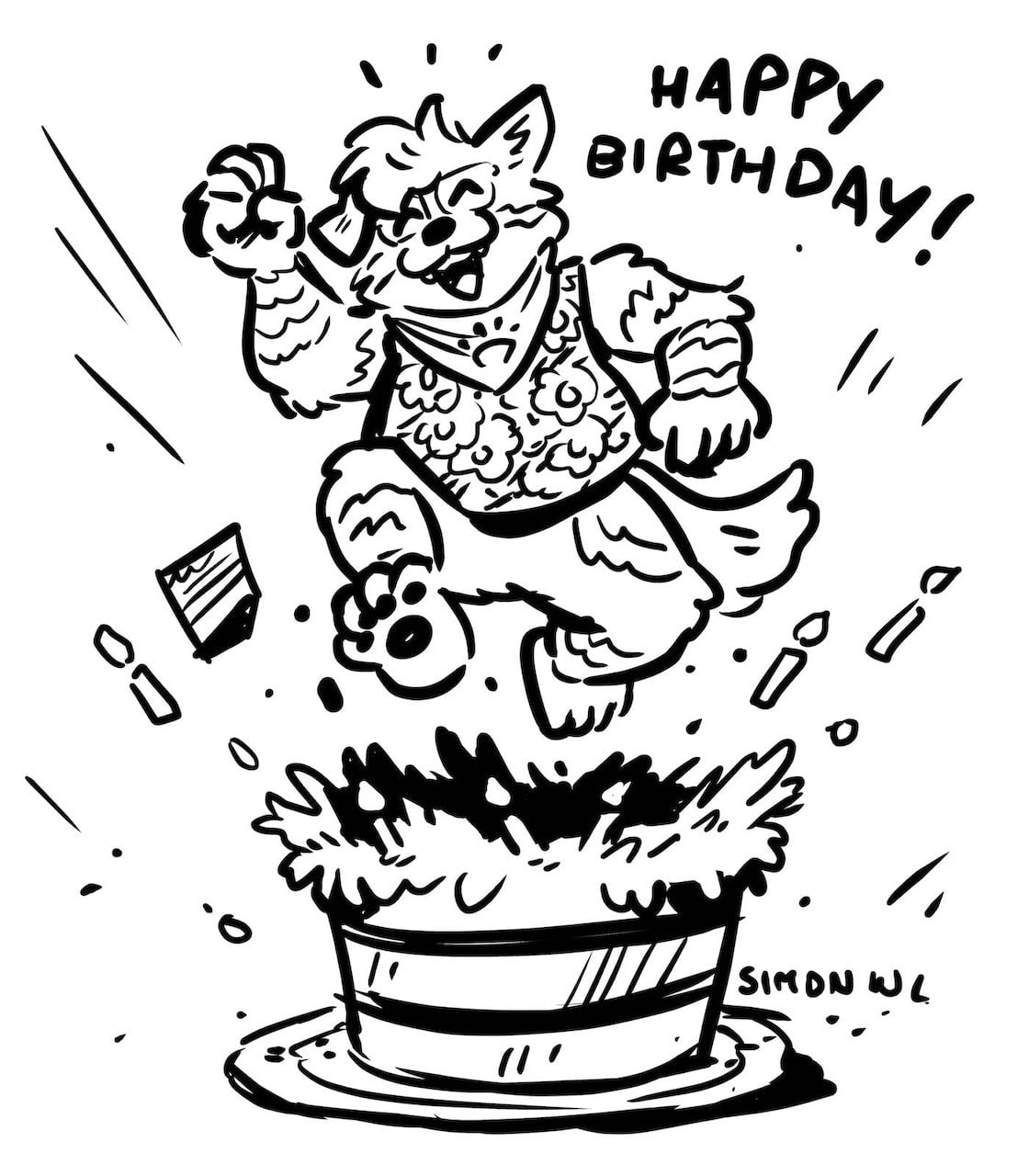 A sketch of Bowie popping out of a birthday cake, with the text Happy Birthday at the top of the sketch