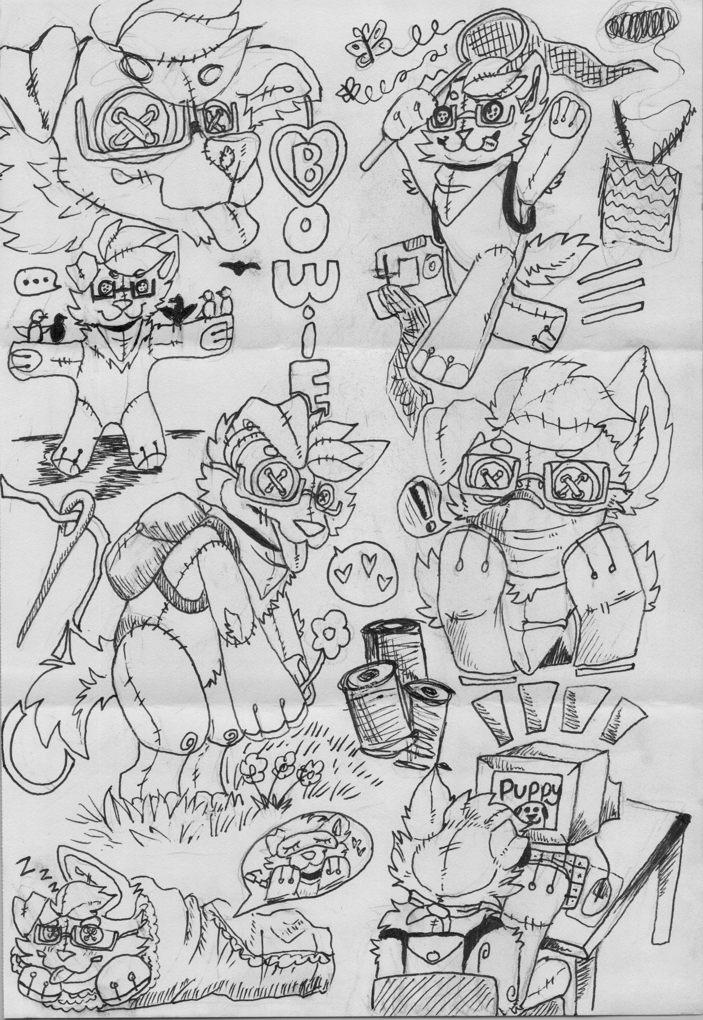 various sketches of a plush Bowie chasing buutterflies with a net, as a scarecrow, picking flowers, in a sleeping bag, on a computer, and more